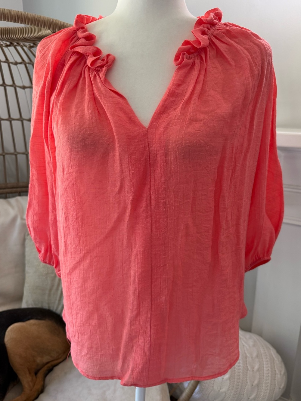 Francesca’s Coral Ruffle Neck Peasant Blouse Small Balloon Sleeve Boho